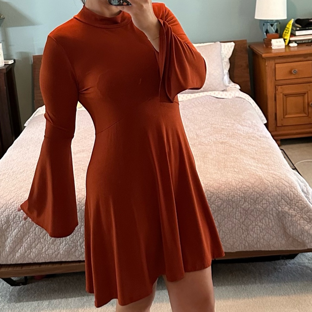 BCBGeneration Brown and Orange Fit and Flare Dress with Bell Sleeves